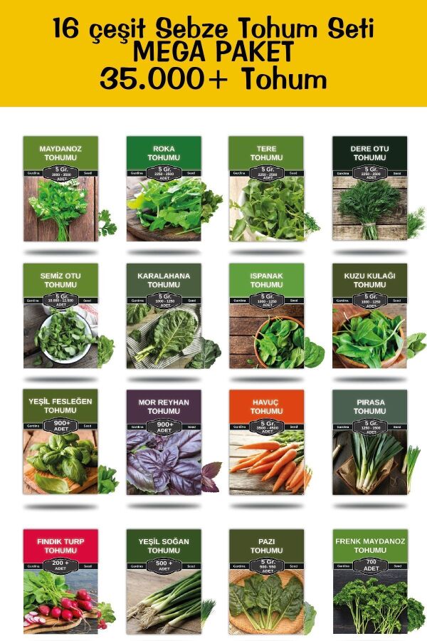 16 Çeşit Yeşillik Tohum Paketi Toplam 80 Gr. 30.000 Tohum - 