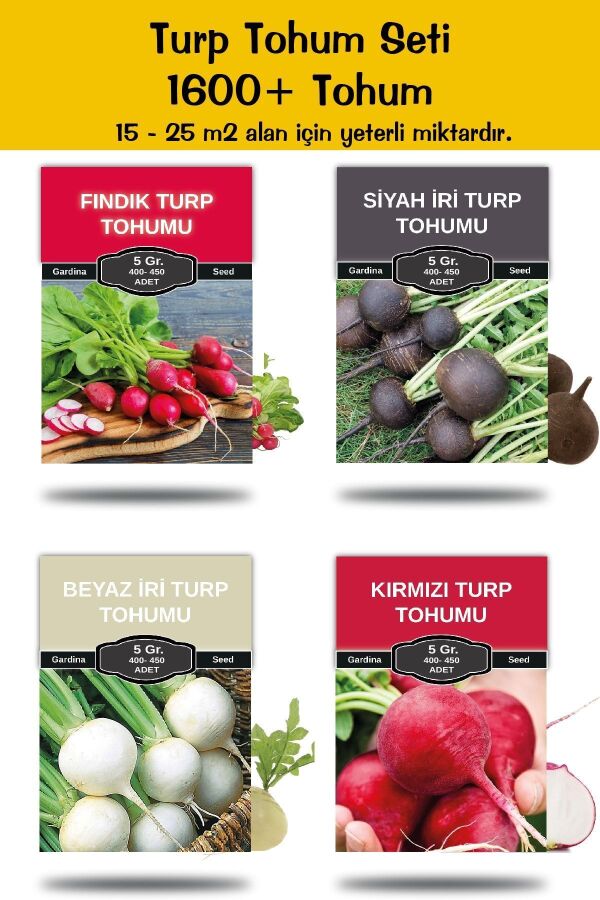 Turp Tohumu Paketi Fındık Turp , Kırmızı Iri Turp , Siyah Turp , Beyaz Turp 1600 Tohum - 